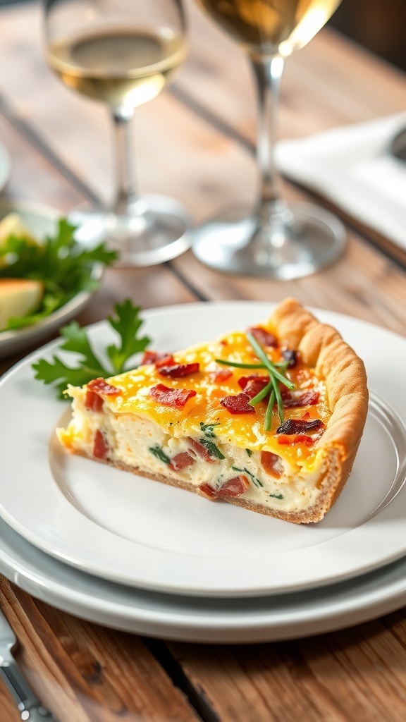 Quiche Lorraine Plating Guide A slice of Quiche Lorraine on a white plate, garnished with chives and a side salad, on a rustic wooden table.